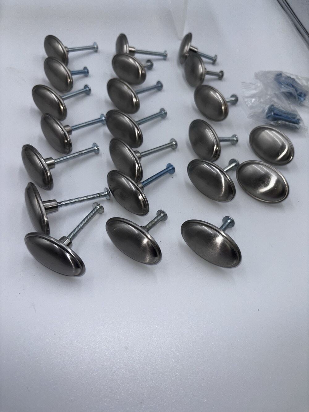 Lot of 22 Oval Brushed Nickel Cabinet Drawer Pulls Knobs 1.5” X 1” Unused READ